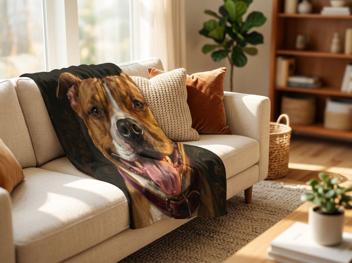 Memorial pet portrait on a cozy blanket